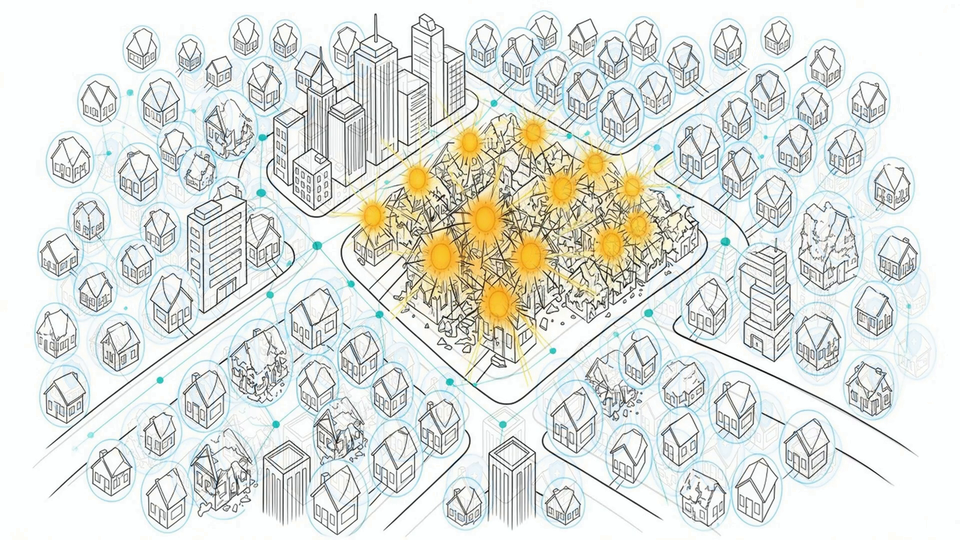 Illustration of a modelled city zoom-out after the story.